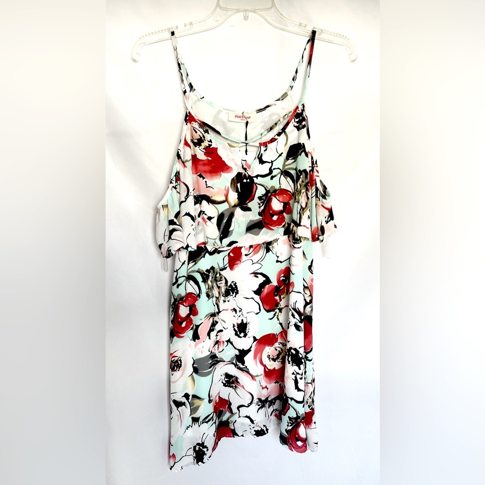 Peach Love California Cold Shoulder Floral Dress Small Boho Flowy Ruffle